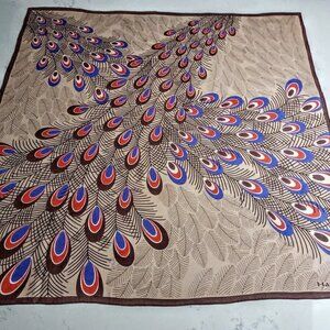 Rare Vintage Hanae Mori Peacock Square Silk Scarf
